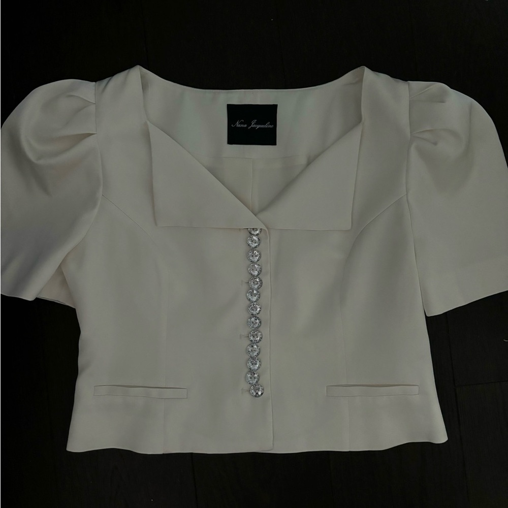 Nana Jacqueline Cream Puff-Sleeve Top with Crystal Buttons